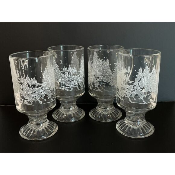 4 Vtg Avon Presidents Club Etched Footed Glass Mugs - Through The Woods Design - Picture 8 of 9